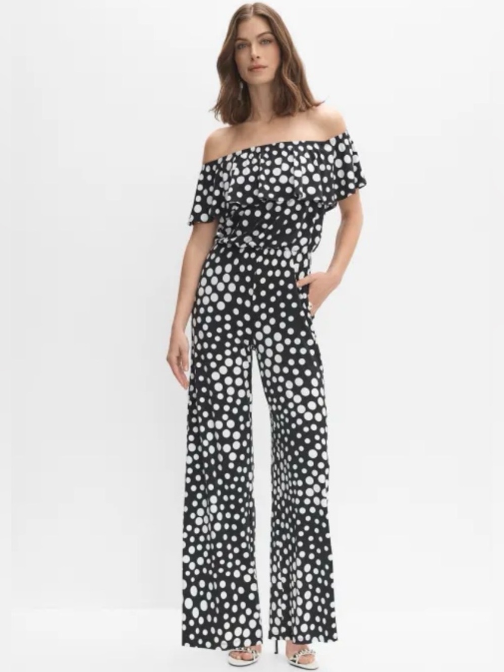 Melanie Lyne Black White Polka Dot Off Shoulder Wide Leg Jumpsuit Medium